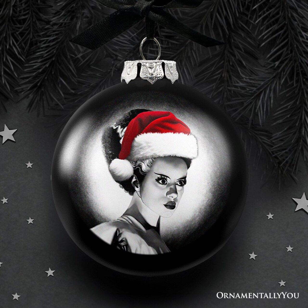 Frankenstein's Bride Christmas Spooky Portrait Glass Ornament, Black Horror Halloween Tree Decoration